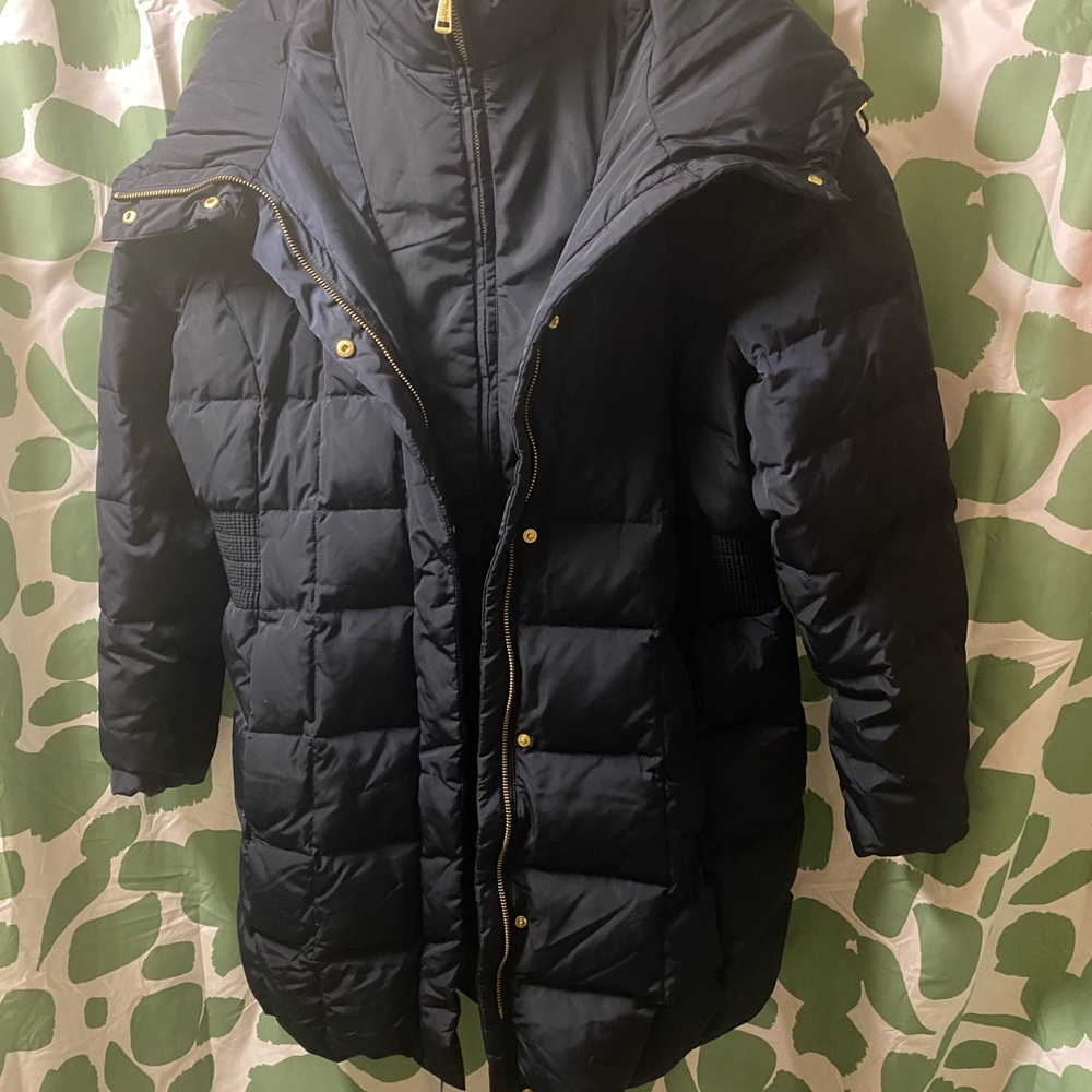 Cole Haan Hooded Down Puffer Coat. Color Navy Blue